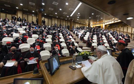 Pope Francis leads a meeting with representatives of bishops' conferences from around the world at the Vatican Oct. 9, 2021. The meeting came as the Vatican launched the process that will lead up to the assembly of the world Synod of Bishops in 2023. (CNS photo/Paul Haring)