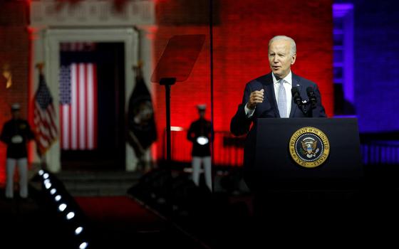 President Joe Biden delivers remarks on what he calls the "continued battle for the Soul of the Nation" in front of Independence Hall Sept. 1, 2022, in Philadelphia. (CNS/Reuters/Jonathan Ernst)