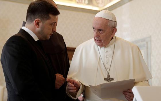 Ukrainian President Volodymyr Zelenskyy is pictured with Pope Francis during a private audience at the Vatican in this Feb. 8, 2020, file photo. (CNS/Gregorio Borgia, Reuters pool)