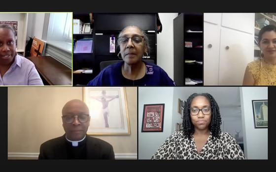 The June 14 virtual panel on "Building the Beloved Community: Addressing Racial Injustice and Finding Ways Forward," sponsored by Georgetown University's Initiative on Catholic Social Thought and Public Life. Top row, from left: Kimberly Mazyck, Kathleen Dorsey Bellow and Gabby Trejo. Bottom row, from left: Fr. Stephen Thorne and Marcia Chatelain. (Courtesy of Georgetown University)