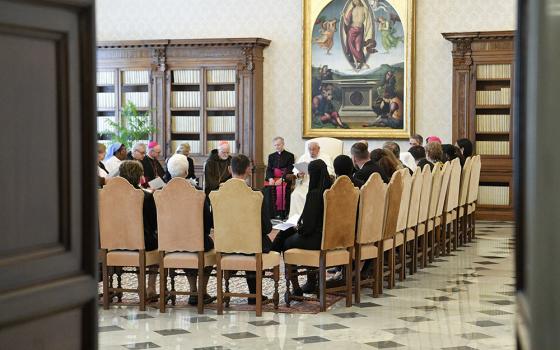 Pope Francis addresses the leadership, staff and members of the Pontifical Commission for the Protection of Minors during an audience at the Vatican May 5. The commission was holding its plenary assembly May 3-6 at its new offices in Rome. (CNS/Vatican Media)