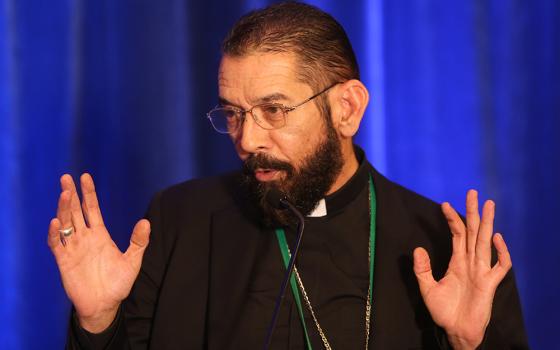 Bishop Daniel Flores of Brownsville, Texas, speaks June 15, 2023, during a news conference at the U.S. Conference of Catholic Bishops' spring plenary assembly in Orlando, Florida. Flores chairs the conference's Committee on Doctrine. (OSV News/Bob Roller)