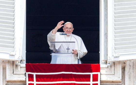 Pope Francis raises his hand as he speaks from a clear podium at his window