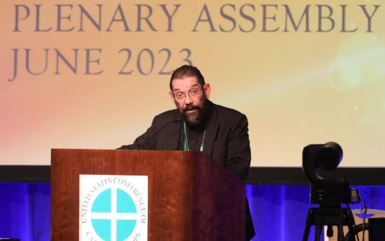 Bishop Daniel E. Flores of Brownsville, Texas, speaks June 15, 2023, during the U.S. Conference of Catholic Bishops' spring plenary assembly in Orlando, Fla. Bishop Flores is chairman of the USCCB's Committee on Doctrine. (OSV News photo/Bob Roller)