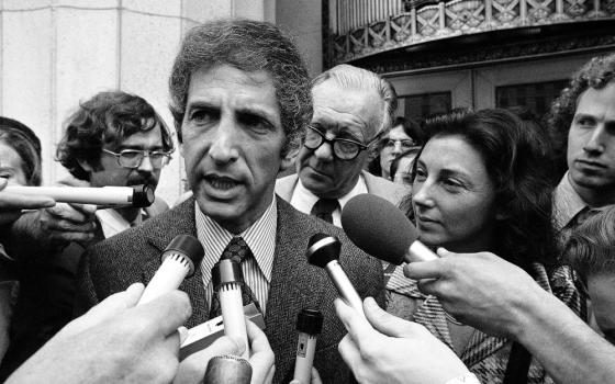 Daniel Ellsberg, co-defendant in the Pentagon Papers case, talks to media outside the Federal Building in Los Angeles, April 28, 1973. Ellsberg, the government analyst and whistleblower who leaked the Pentagon Papers in 1971, then became a passionate antiwar activist, died June 16. He was 92. (AP Photo/Wally Fong, File)