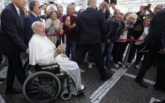 Pope Francis leaves the Agostino Gemelli University Polyclinic in Rome, Friday, June 16, 2023, nine days after undergoing abdominal surgery. The 86-year-old pope was admitted to Gemelli hospital on June 7 for surgery to repair a hernia in his abdominal wall and remove intestinal scar tissue that had caused intestinal blockages. (AP Photo/Andrew Medichini)