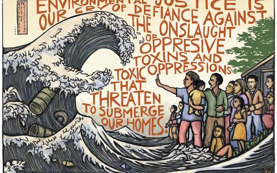 In this poster, people stand up against a tidal wave of environmental destruction. The costs of this tidal wave are borne most heavily by the poor, Indigenous people and people of color. (Ricardo Levins Morales)