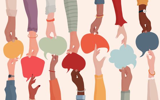Illustration of diverse hands reaching to each other, sharing speech bubbles (Dreamstime/melitas)