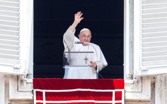 Pope Francis smiles and waves at visitors gathered in St. Peter's Square at the Vatican after praying the Angelus June 18. (CNS/Lola Gomez)