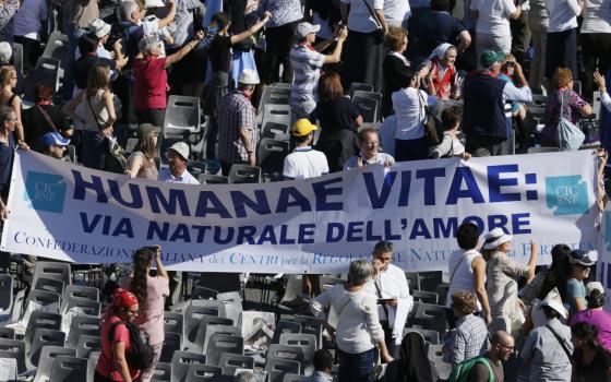A banner referencing "Humanae Vitae," the 1968 encyclical of Blessed Paul VI, is seen in the crowd at the conclusion of the beatification Mass of Blessed Paul celebrated by Pope Francis in St. Peter's Square at the Vatican Oct. 19. The Mass also concluded the extraordinary Synod of Bishops on the family. Blessed Paul, who served as pope from 1963-1978, is most remembered for "Humanae Vitae," which affirmed the church's teaching against artificial contraception. (CNS photo/Paul Haring)