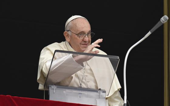 Pope Francis greets visitors in St. Peter's Square at the Vatican to pray the Angelus on June 29. (CNS/Vatican Media)