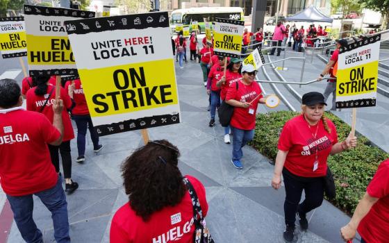 People demonstrate in front of InterContinental Hotel as unionized hotel workers in Los Angeles and Orange County, California, go on strike in Los Angeles July 2. (OSV News/Reuters/David Swanson)