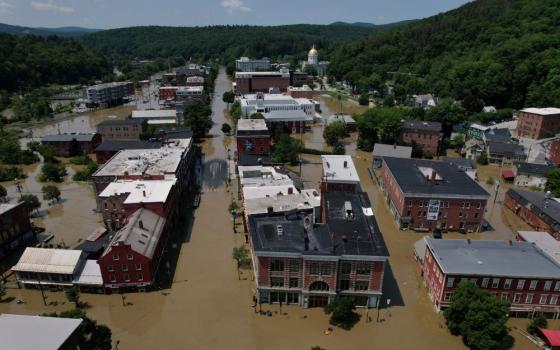Flooded streets are seen in downtown Montpelier, Vermont, July 11. Severe storms July 9-10 dumped heavy rainfall at intense rates over parts of the Northeast, forcing road closures, water rescues and urgent warnings about life-threatening flash floods. (OSV News/Reuters/Brian Snyder)