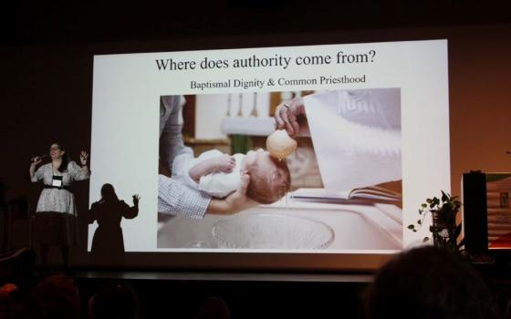 Kristin Colberg, associate professor of theology at St. John's School of Theology and Seminary, speaks at the Women of the Church conference in Collegeville, Minnesota. Her July 19 presentation was titled "Fruit and Seed: New Roles for Women in a Synodal Church." (Courtesy of Janet Millen)