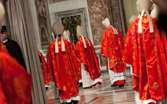 Cardinals enter the "Pro Eligendo Pontifice" Mass at St. Peter's Basilica on March 12, 2013, at the Vatican. (RNS photo/Andrea Sabbadini)
