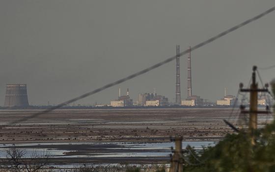The Zaporizhzhia Nuclear Power Plant, Europe's largest, is seen in the background of the shallow Kakhovka Reservoir after the dam collapse, in Energodar, Russian-occupied Ukraine, June 27. Ukraine and Russia accused each other Wednesday, July 5, of planning to attack the power plant, which is occupied by Russian troops, but neither side provided evidence to support their claims. (AP photo/Libkos, File)