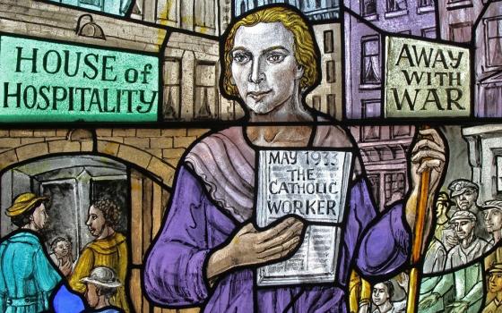 Dorothy Day, co-founder of the Catholic Worker Movement and its newspaper, The Catholic Worker, is depicted in a stained-glass window at Our Lady of Lourdes Church in the Staten Island borough of New York. "Day is a wonderful exemplar of someone who was both critical and at the same time incredibly supportive of the church," said Ronald C. Arnett, chair of communication and rhetorical studies at Duquesne University in Pittsburgh. 