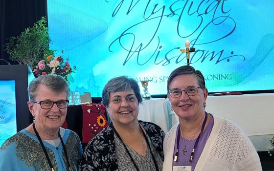 The 2022-2023 presidential team of the Leadership Conference of Women Religious includes, from left, Sr. Jane Herb, past president, a member of the Sisters, Servants of the Immaculate Heart of Mary; Sr. Rebecca Ann Gemma, president, of the Dominican Sisters of Springfield, Illinois; and Sr. Maureen Geary, president-elect, of the Dominican Sisters of Grand Rapids, Michigan. (GSR photo/Gail DeGeorge)