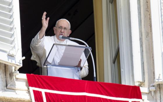 Pope Francis stands in his apartment window and raises his right hand as he speaks into a microphone