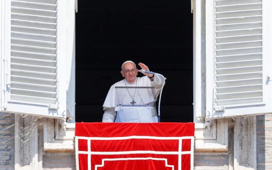 Pope Francis raises his hand while standing in his apartment window