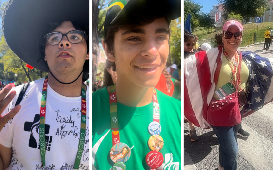 NCR spoke to attendees at World Youth Day in Lisbon, Portugal, including (left to right) Rafael Zorita, Joao Paulo Rodrigues and Natalie Lucey. (NCR photos/Brian Fraga)