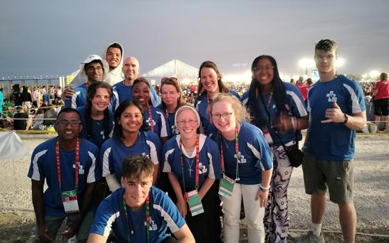 Sr. Kathryn Press, third in the first row, is pictured with pilgrims from the Diocese of Waterford and Lismore at the vigil preparing for the missioning Mass with Pope Francis, during World Youth Day. (Courtesy of Sr. Kathryn Press)