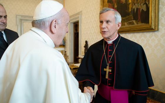 Pope Francis greets Bishop Joseph Strickland of Tyler, Texas, during a meeting with U.S. bishops from Arkansas, Oklahoma and Texas during their ad limina visits to the Vatican Jan. 20, 2020. Strickland tweeted May 12 that he "rejects" Pope Francis' "program of undermining the Deposit of Faith."(CNS/Vatican Media)