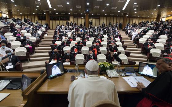Pope Francis leads a meeting with representatives of bishops' conferences from around the world at the Vatican Oct. 9, 2021, before launching the process leading up to the first assembly of the world Synod of Bishops in 2023. (CNS/Paul Haring)