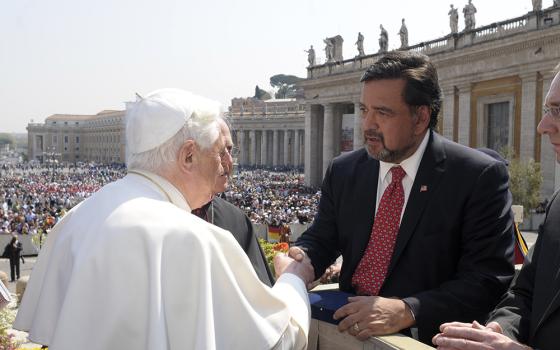 Then-New Mexico Gov. Bill Richardson greets Pope Benedict XVI during the pope's weekly general audience in St. Peter's Square at the Vatican April 15, 2009. Richardson, a Catholic, died in Chatham, Mass., Sept. 1, 2023, at age 75. He was U.S. ambassador to the United Nations and energy secretary in the Clinton administration. (OSV News/Reuters/L'Osservatore Romano)