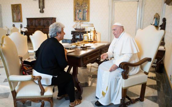 Pope Francis meets with Maria Campatelli, director of the Centro Aletti, a center dedicated to research and art that promotes a dialogue between Eastern and Western Christianity, at the Vatican Sept. 15, 2023. The center was founded by former Jesuit Father Marko Rupnik, who was expelled from the order in July after being accused of sexual abuse. (CNS photo/Vatican Media)