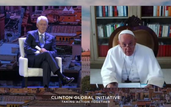 Pope Francis speaks with former U.S. President Bill Clinton in a video call during a meeting of the Clinton Global Initiative in New York, Sept. 18, 2023. (CNS screengrab/Courtesy Clinton Global Initiative)