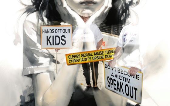 illustration of a girl, face in hands, with protest signs that say "Hands off our kids" and similar slogans.