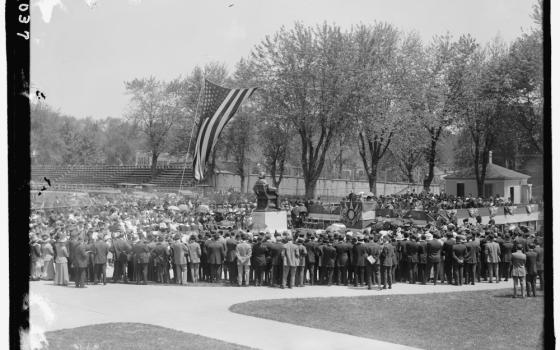 A photo of the May 4, 1912, dedication of the John Carroll statue at Georgetown University. (Wikimedia Commons/The Library of Congress)