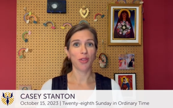 Casey Stanton, co-director of Discerning Deacons, preaches about synodality in a Catholic Women Preach video. (NCR screengrab/Catholic Women Preach)