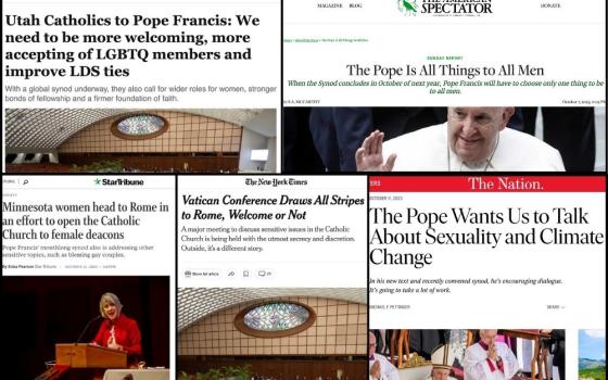 collage of several websites with headlines about the synod on synodality