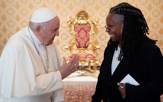 Pope Francis meets with actor and comedian Whoopi Goldberg during a private audience at the Vatican Oct. 12. (CNS/Vatican Media)