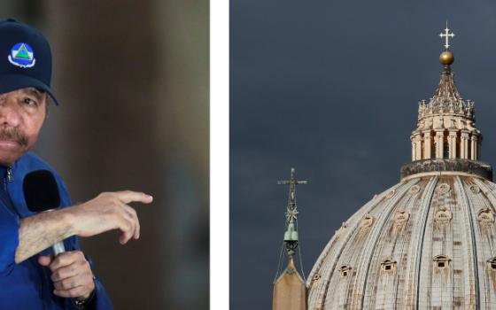 An image of a black-haired man with a mustache wearing a ball cap and blue next to another photo of the dome of St. Peter's Basilica