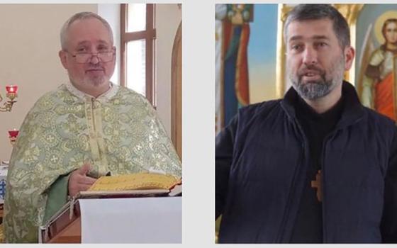 A photo on the right of an older man wearing glasses and golden vestments reading behind the lectern. On the right, a photo of a white man with black hair and a beard wearing black with a wooden pectoral cross visible.