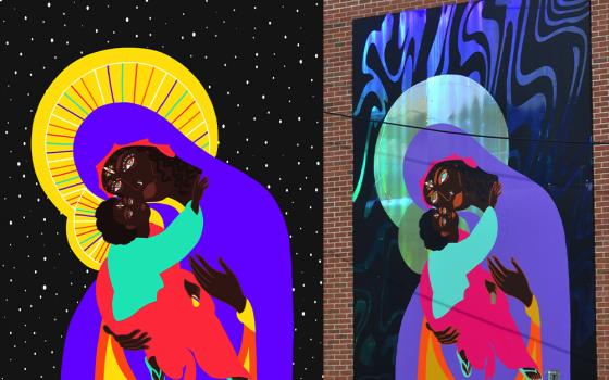 On the right is "Black Freedom, Black Madonna & the Black Child of Hope" original digital art by Raphaella Brice, and on the left is the Juneteenth mural of the piece on the south-facing exterior wall of the Fletcher Free Library in Burlington, Vermont. (Courtesy of Raphaella Brice)