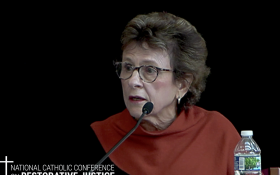 Barbara Thorp, a social worker and the former director of Office of Pastoral Support and Child Protection for the Archdiocese of Boston, speaks Oct. 6 at the National Catholic Conference on Restorative Justice in Minneapolis. (NCR screenshot)