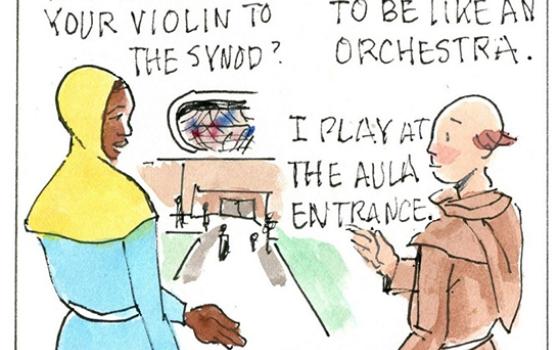 Francis, the comic strip: Brother Leo brings a little music to the synod hall.  