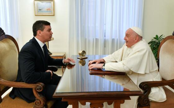 Pope sits at table, meeting with man.