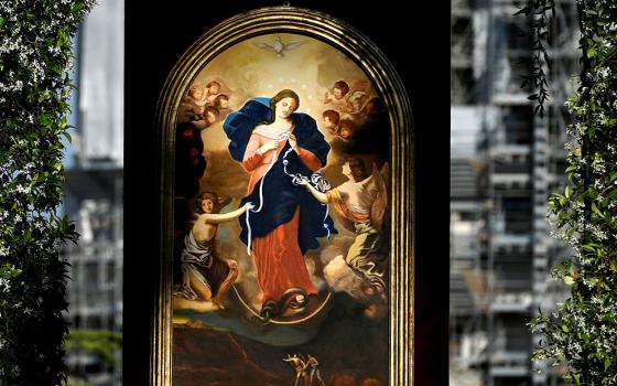An image of Our Lady, Undoer of Knots, is seen in the Vatican Gardens in 2021. (CNS/Filippo Monteforte, Reuters pool)