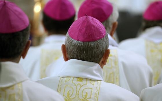 A group of men wearing violet zucchettos and white and gold vestments are visible from behind