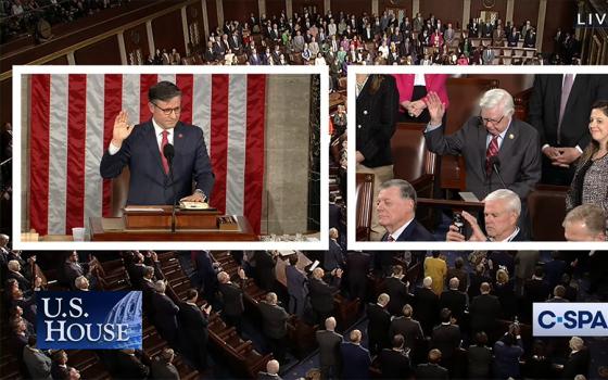 Speaker of the House Mike Johnson takes the oath of office on Oct. 25 administered by Dean of the House Hal Rogers. (Wikimedia Commons/C-SPAN) 