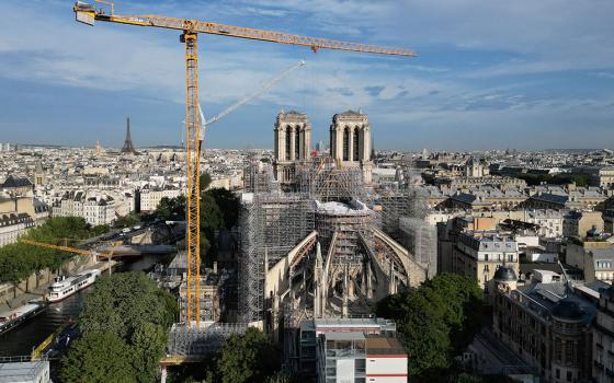 An aerial view shows the ongoing restoration work at Notre Dame Cathedral in Paris July 18. (OSV News/Reuters/Pascal Rossignol)