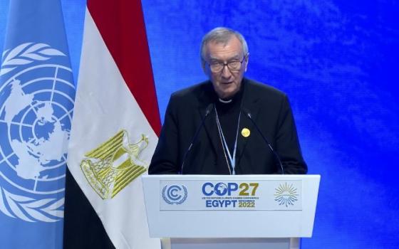 An older white man wearing a clerical collar stands behind a podium that says COP27 Egypt and in front of Egyptian and UN flags