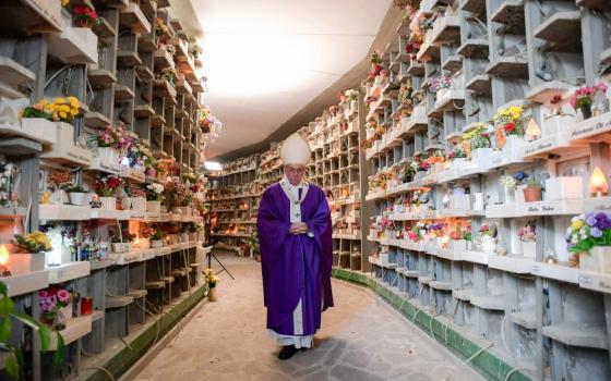Pope Francis, wearing purple vestments, walks down a hallway with stone shelves and flowers on his sides
