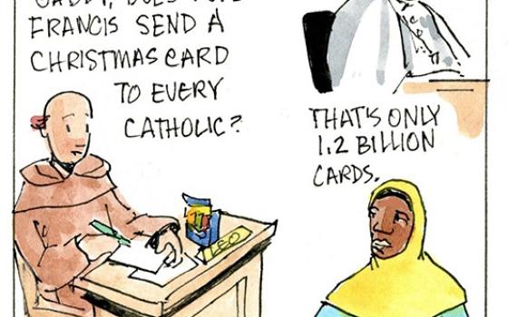 Francis, the comic strip: Gabby and Brother Leo consider the logistics of Christmas cards.