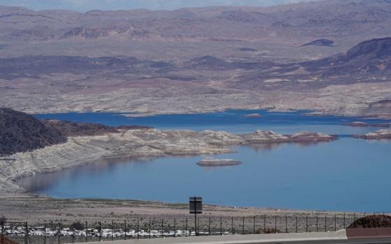 An elevated view shows the dramatic decline of water levels at Lake Mead near Boulder City, Nev., March 13, 2023. 